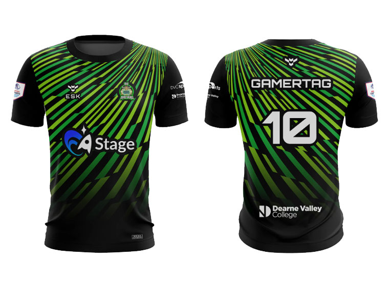 Dearne Valley College's new Esport team T Shirt with sponsor